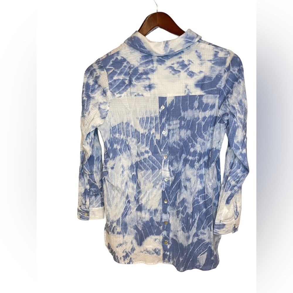 SOFT SURROUNDINGS Blue/White Tie Dye Seika Button Collared Blouse Sz XSmall EUC - Picture 6 of 10